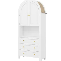 Armoire de Rangement - Buffet Haut 3 Tiroirs et 2 Portes, Étagère Ouverte, pour Cuisine et Salon, Blanc