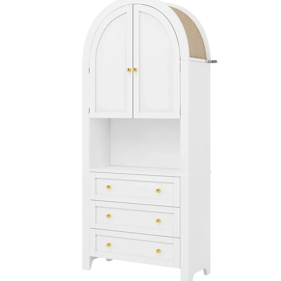 Armoire de Rangement - Buffet Haut 3 Tiroirs et 2 Portes, Étagère Ouverte, pour Cuisine et Salon, Blanc