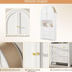 Armoire de Rangement - Buffet Haut 3 Tiroirs et 2 Portes, Étagère Ouverte, pour Cuisine et Salon, Blanc