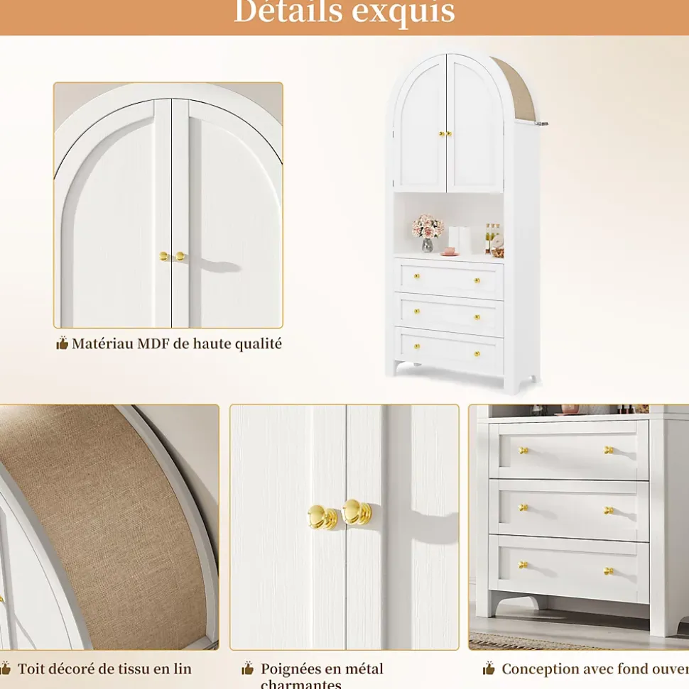 Armoire de Rangement - Buffet Haut 3 Tiroirs et 2 Portes, Étagère Ouverte, pour Cuisine et Salon, Blanc