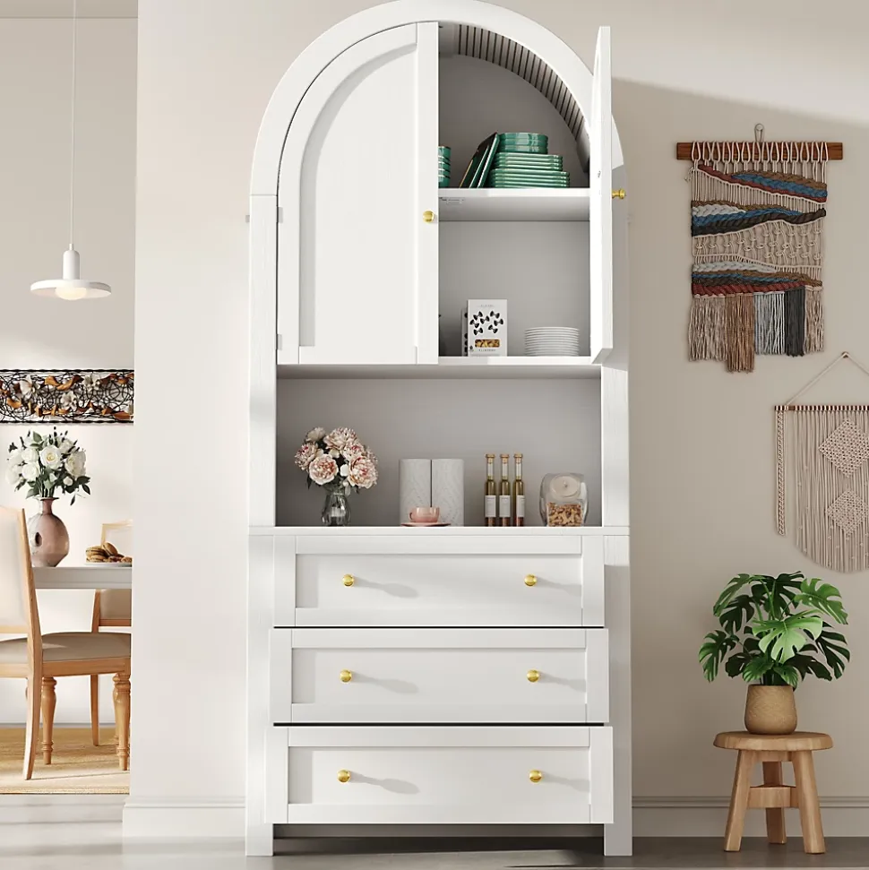 Armoire de Rangement - Buffet Haut 3 Tiroirs et 2 Portes, Étagère Ouverte, pour Cuisine et Salon, Blanc