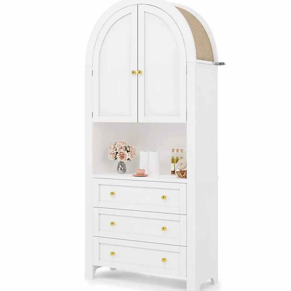 Armoire de Rangement - Buffet Haut 3 Tiroirs et 2 Portes, Étagère Ouverte, pour Cuisine et Salon, Blanc