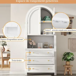 Armoire de Rangement - Buffet Haut 3 Tiroirs et 2 Portes, Étagère Ouverte, pour Cuisine et Salon, Blanc