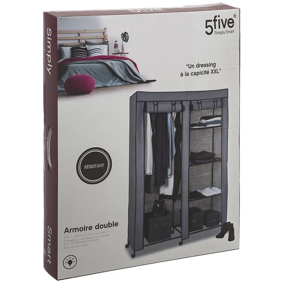Armoire de rangement 4 étagères et 1 penderie gris en tissu
