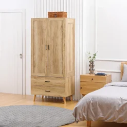 Armoire de rangement design scandinave - armoire de chambre - placard 2 portes avec penderie - 2 tiroirs - aspect chêne clair