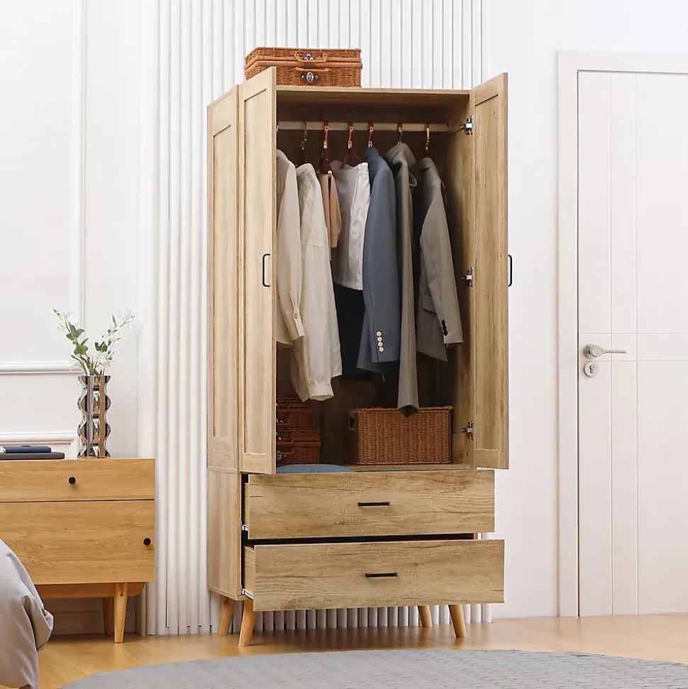 Armoire de rangement design scandinave - armoire de chambre - placard 2 portes avec penderie - 2 tiroirs - aspect chêne clair