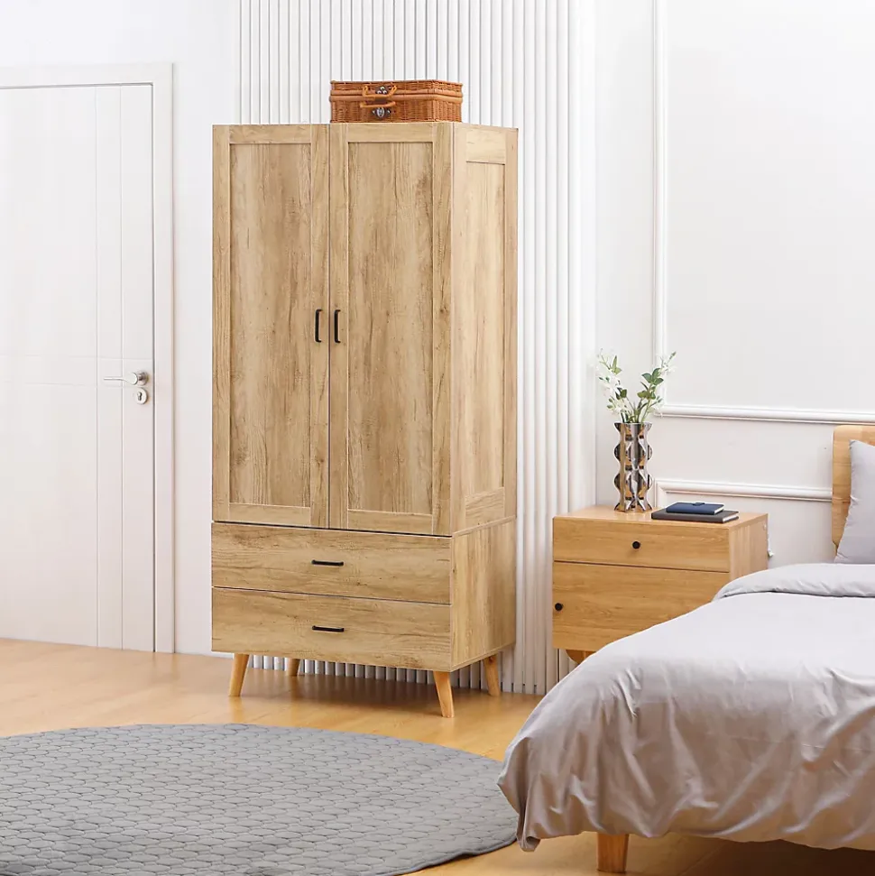 Armoire de rangement design scandinave - armoire de chambre - placard 2 portes avec penderie - 2 tiroirs - aspect chêne clair