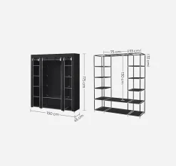 Armoire de Rangement en Tissu Noir + Housse - Penderie Métallique 12 Compartiments Dressing Chambre