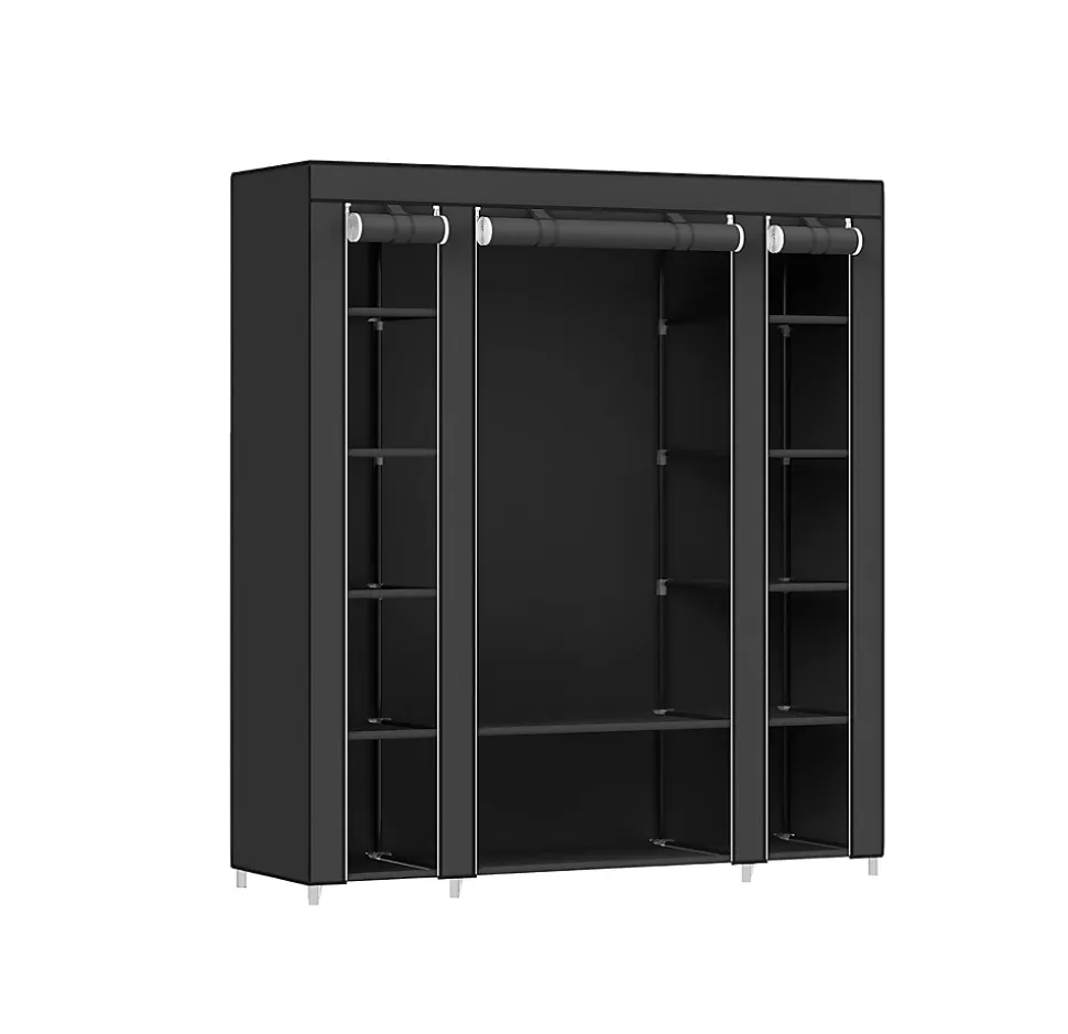 Armoire de Rangement en Tissu Noir + Housse - Penderie Métallique 12 Compartiments Dressing Chambre