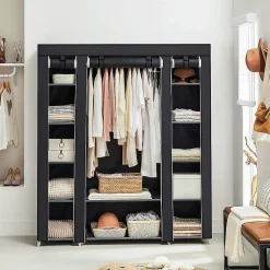 Armoire de Rangement en Tissu Noir + Housse - Penderie Métallique 12 Compartiments Dressing Chambre