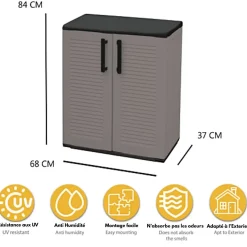 Armoire de Rangement Grise Armoire basse 2 portes Polypropylène 68x37h84 cm ArtPlast
