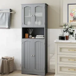 Armoire de Rangement Haute,avec Portes en Verre, Etagères,2/3 Compartiments Ouverts,pour Salle de Bain,Cuisine (60x30x164cm,Gris)