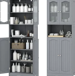Armoire de Rangement Haute,avec Portes en Verre, Etagères,2/3 Compartiments Ouverts,pour Salle de Bain,Cuisine (60x30x164cm,Gris)