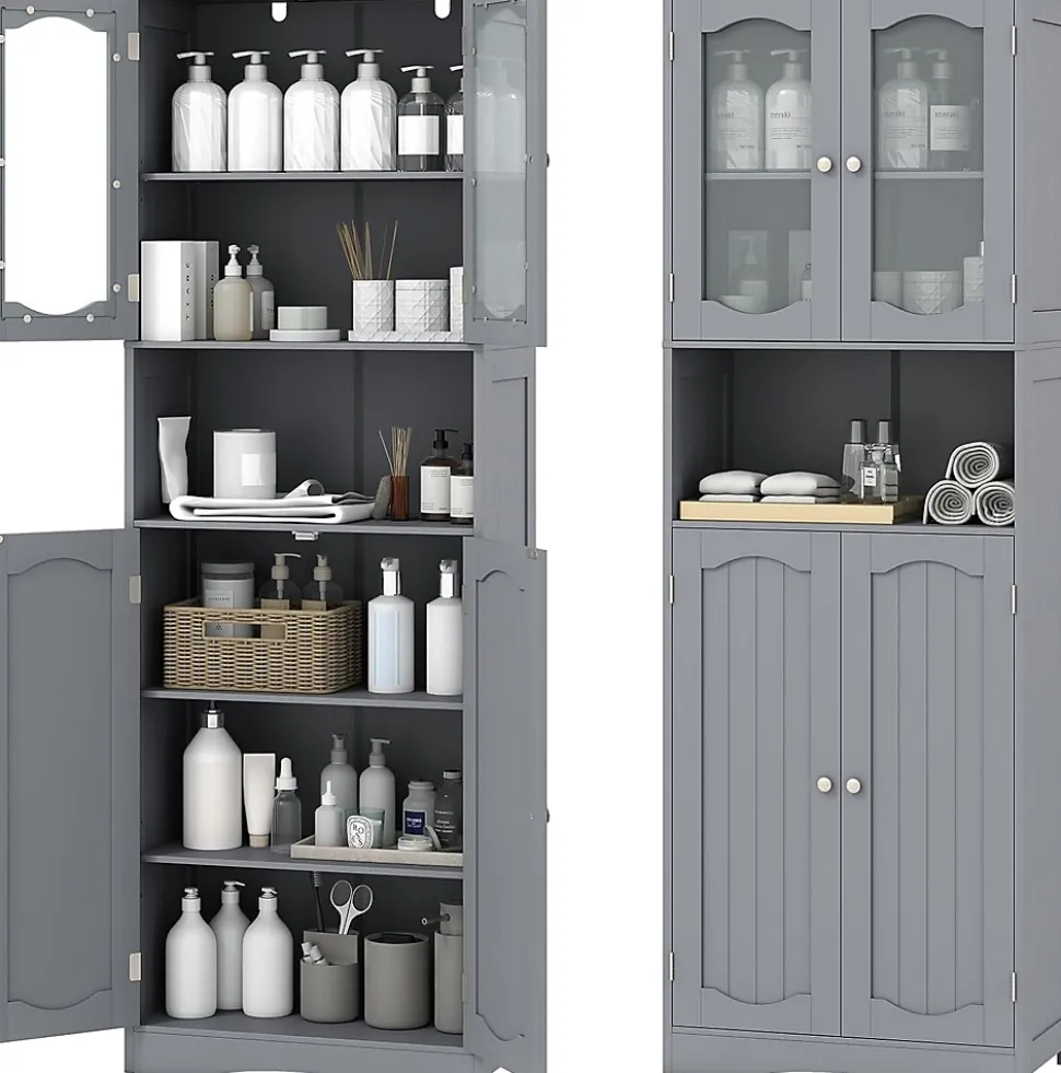 Armoire de Rangement Haute,avec Portes en Verre, Etagères,2/3 Compartiments Ouverts,pour Salle de Bain,Cuisine (60x30x164cm,Gris)