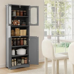Armoire de Rangement Haute,avec Portes en Verre, Etagères,2/3 Compartiments Ouverts,pour Salle de Bain,Cuisine (60x30x164cm,Gris)