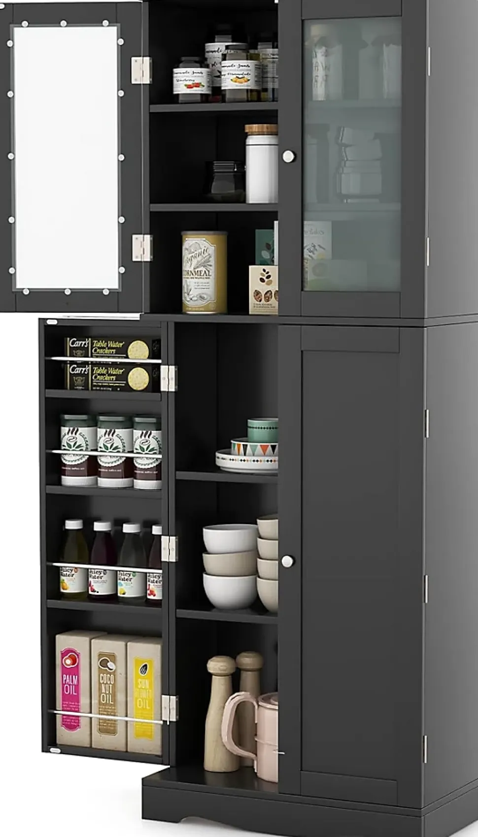 Armoire de Rangement Haute, avec Placard à Portes en Verre Trempé, étagères de Porte de Dispositif Anti-basculement, Noir