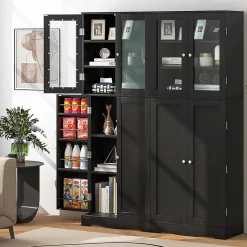 Armoire de Rangement Haute, avec Placard à Portes en Verre Trempé, étagères de Porte de Dispositif Anti-basculement, Noir