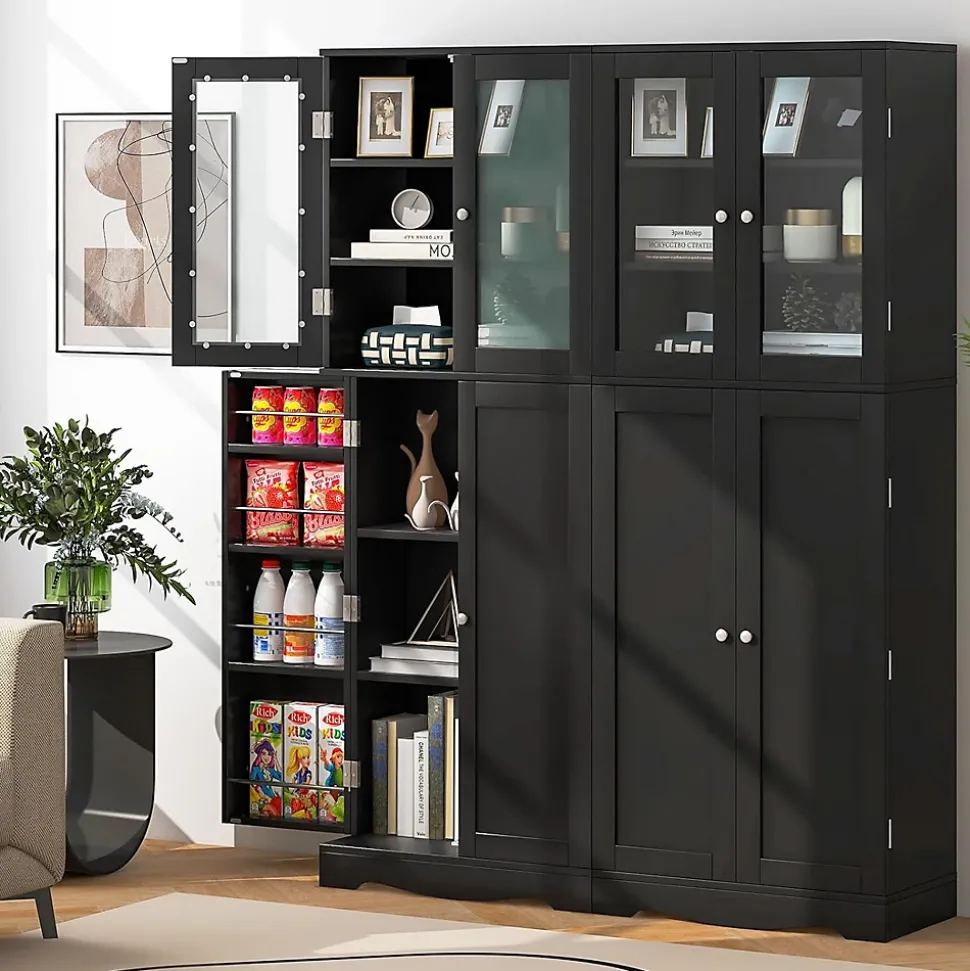 Armoire de Rangement Haute, avec Placard à Portes en Verre Trempé, étagères de Porte de Dispositif Anti-basculement, Noir