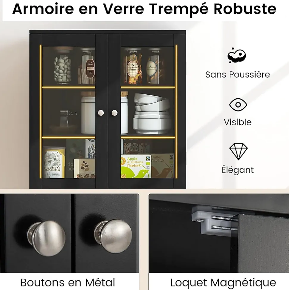 Armoire de Rangement Haute, avec Placard à Portes en Verre Trempé, étagères de Porte de Dispositif Anti-basculement, Noir