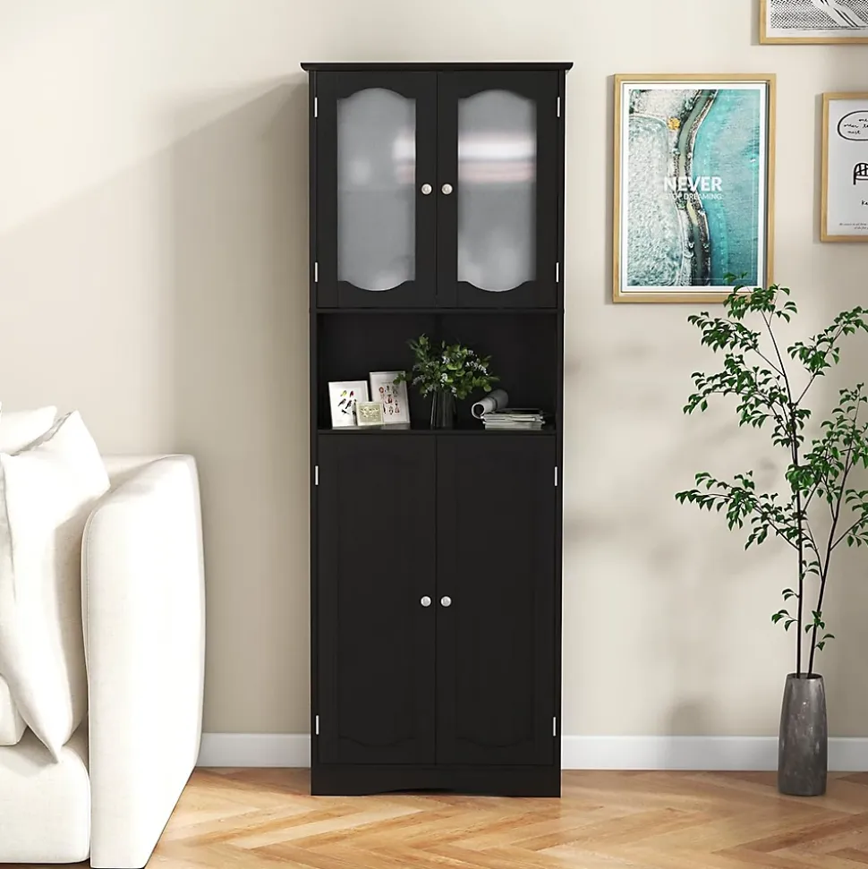 Armoire de Rangement Haute,avec Portes en Verre, Etagères,2/3 Compartiments Ouverts,pour Salle de Bain,Cuisine (60x30x164cm,Noir)