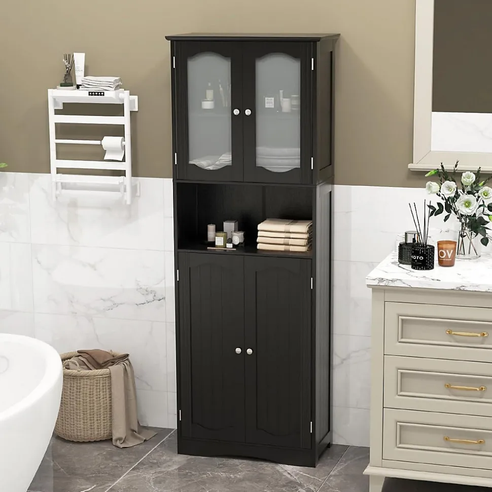 Armoire de Rangement Haute,avec Portes en Verre, Etagères,2/3 Compartiments Ouverts,pour Salle de Bain,Cuisine (60x30x164cm,Noir)