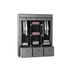 Armoire de Rangement Penderie en Tissu Gris Pliable + 5 Etagères + 3 Tiroirs et 2 Barres de Suspension Chambre Dressing