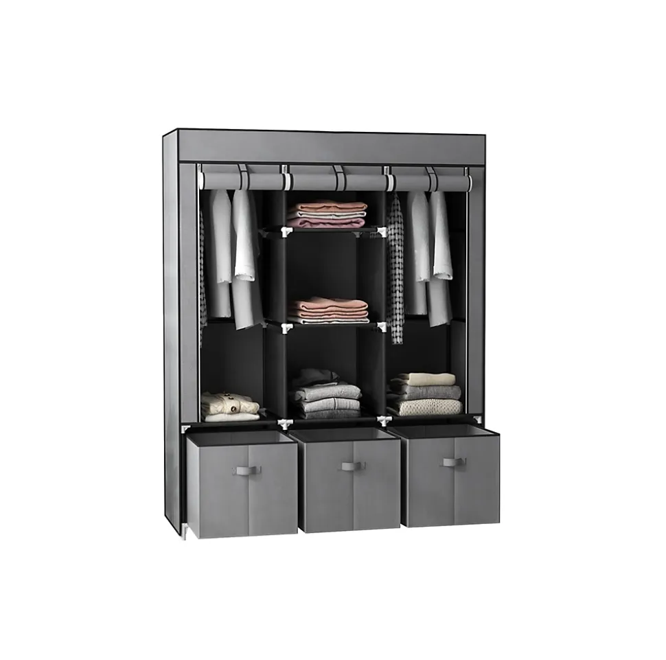 Armoire de Rangement Penderie en Tissu Gris Pliable + 5 Etagères + 3 Tiroirs et 2 Barres de Suspension Chambre Dressing