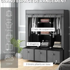 Armoire de Rangement Penderie en Tissu Gris Pliable + 5 Etagères + 3 Tiroirs et 2 Barres de Suspension Chambre Dressing