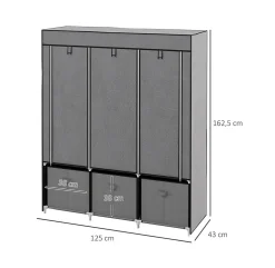 Armoire de Rangement Penderie en Tissu Gris Pliable + 5 Etagères + 3 Tiroirs et 2 Barres de Suspension Chambre Dressing