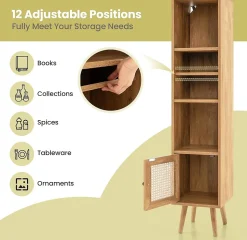 Armoire de Rangement scandinave Porte en Rotin et étagère Réglable Bibliothèque sur Pieds Autoportante Naturel