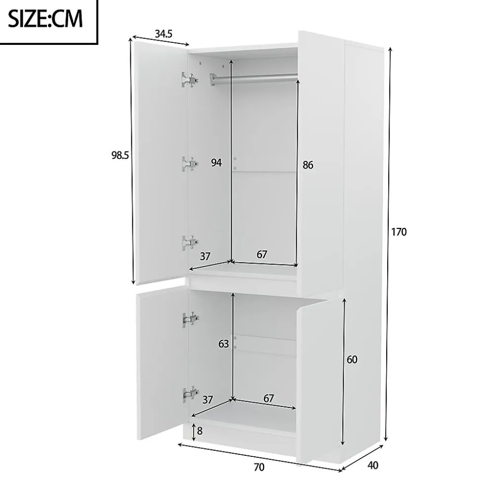 Armoire de rangement,70x40x170cm,blanc,double porte avec grands compartiments