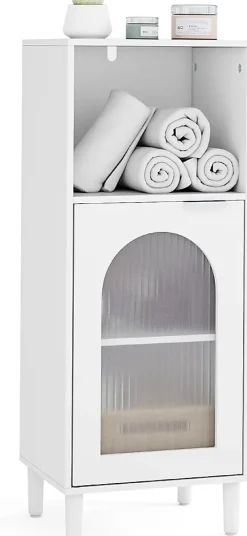 Armoire de Salle de Bain, avec Étagère Réglable, Porte Verre Cannelée,1 Compartiment Ouvert, pour Entrée, 35 x 30 x 90 cm, Blanc