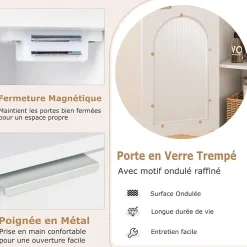 Armoire de Salle de Bain, avec Étagère Réglable, Porte Verre Cannelée,1 Compartiment Ouvert, pour Entrée, 35 x 30 x 90 cm, Blanc