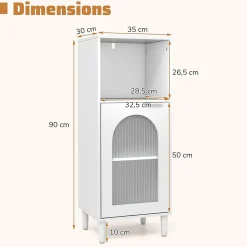 Armoire de Salle de Bain, avec Étagère Réglable, Porte Verre Cannelée,1 Compartiment Ouvert, pour Entrée, 35 x 30 x 90 cm, Blanc