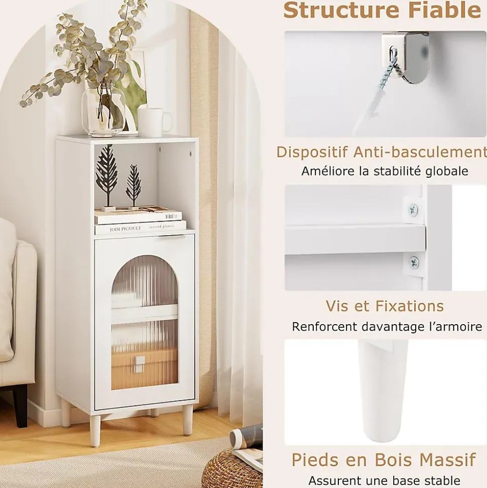 Armoire de Salle de Bain, avec Étagère Réglable, Porte Verre Cannelée,1 Compartiment Ouvert, pour Entrée, 35 x 30 x 90 cm, Blanc