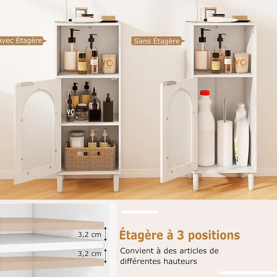 Armoire de Salle de Bain, avec Étagère Réglable, Porte Verre Cannelée,1 Compartiment Ouvert, pour Entrée, 35 x 30 x 90 cm, Blanc