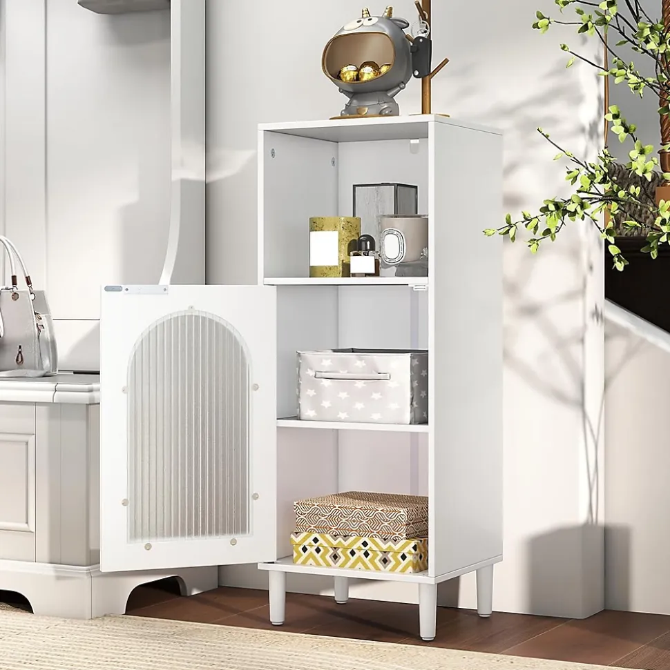 Armoire de Salle de Bain, avec Étagère Réglable, Porte Verre Cannelée,1 Compartiment Ouvert, pour Entrée, 35 x 30 x 90 cm, Blanc