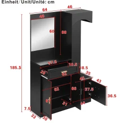 Armoire d'entrée Moderne avec Miroir et Penderie Cachée - Vestiaire Compact avec Étagères Réglables - Noir - 110x33x185,5 cm
