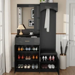 Armoire d'entrée Moderne avec Miroir et Penderie Cachée - Vestiaire Compact avec Étagères Réglables - Noir - 110x33x185,5 cm