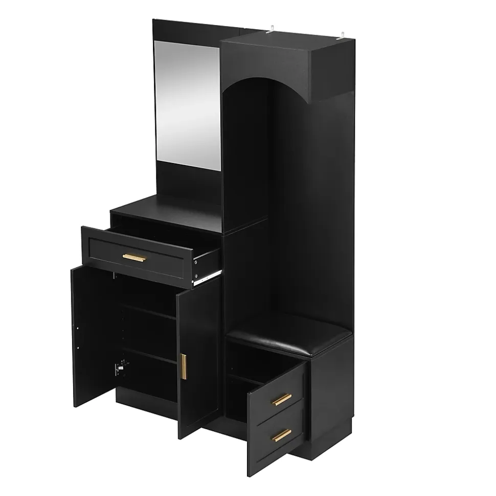 Armoire d'entrée Moderne avec Miroir et Penderie Cachée - Vestiaire Compact avec Étagères Réglables - Noir - 110x33x185,5 cm