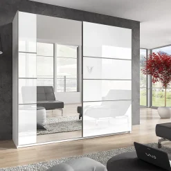 Armoire design 2 portes 180 cm avec miroir. Couleur blanc brillant. Collection EOS