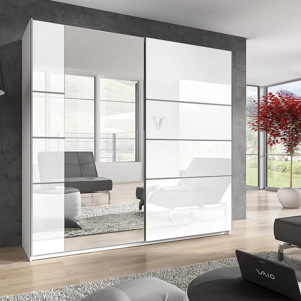 Armoire design 2 portes 180 cm avec miroir. Couleur blanc brillant. Collection EOS
