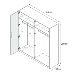 Armoire Dfusell, Armoire de chambre avec 4 portes battantes, Armoire avec 2 Etageres et tringle à vêtements, 180x52h200 cm, Blanc