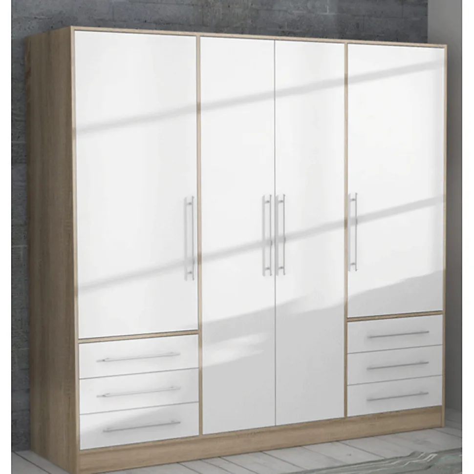Armoire dressing 207 cm 4 portes blanc décor chêne clair - FARO