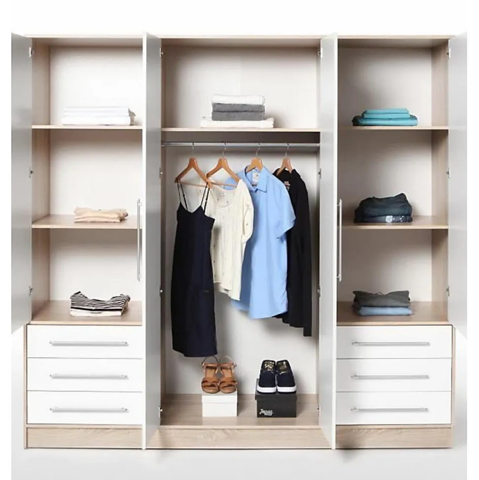 Armoire dressing 207 cm 4 portes blanc décor chêne clair - FARO
