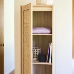 Armoire dressing cannage et effet bois. garde-robe 1 porte. 5 étagères H180cm