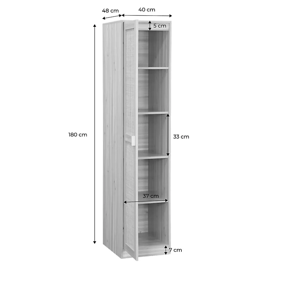 Armoire dressing cannage et effet bois. garde-robe 1 porte. 5 étagères H180cm