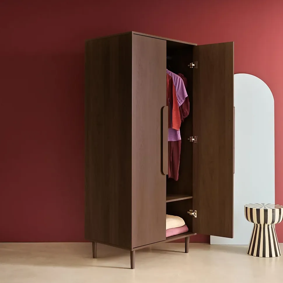 Armoire dressing décor bois de noyer 2 portes. étagères et penderie - L 80 x P 55 x H 180cm - Juliana