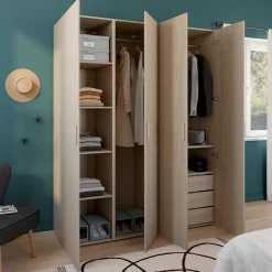 Armoire effet chêne double penderie 3 tiroirs GoodHome Atomia H. 225 x L. 175 x P. 58 cm