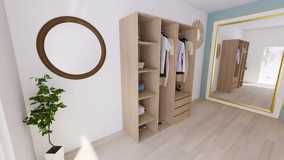 Armoire effet chêne double penderie 3 tiroirs GoodHome Atomia H. 225 x L. 175 x P. 58 cm